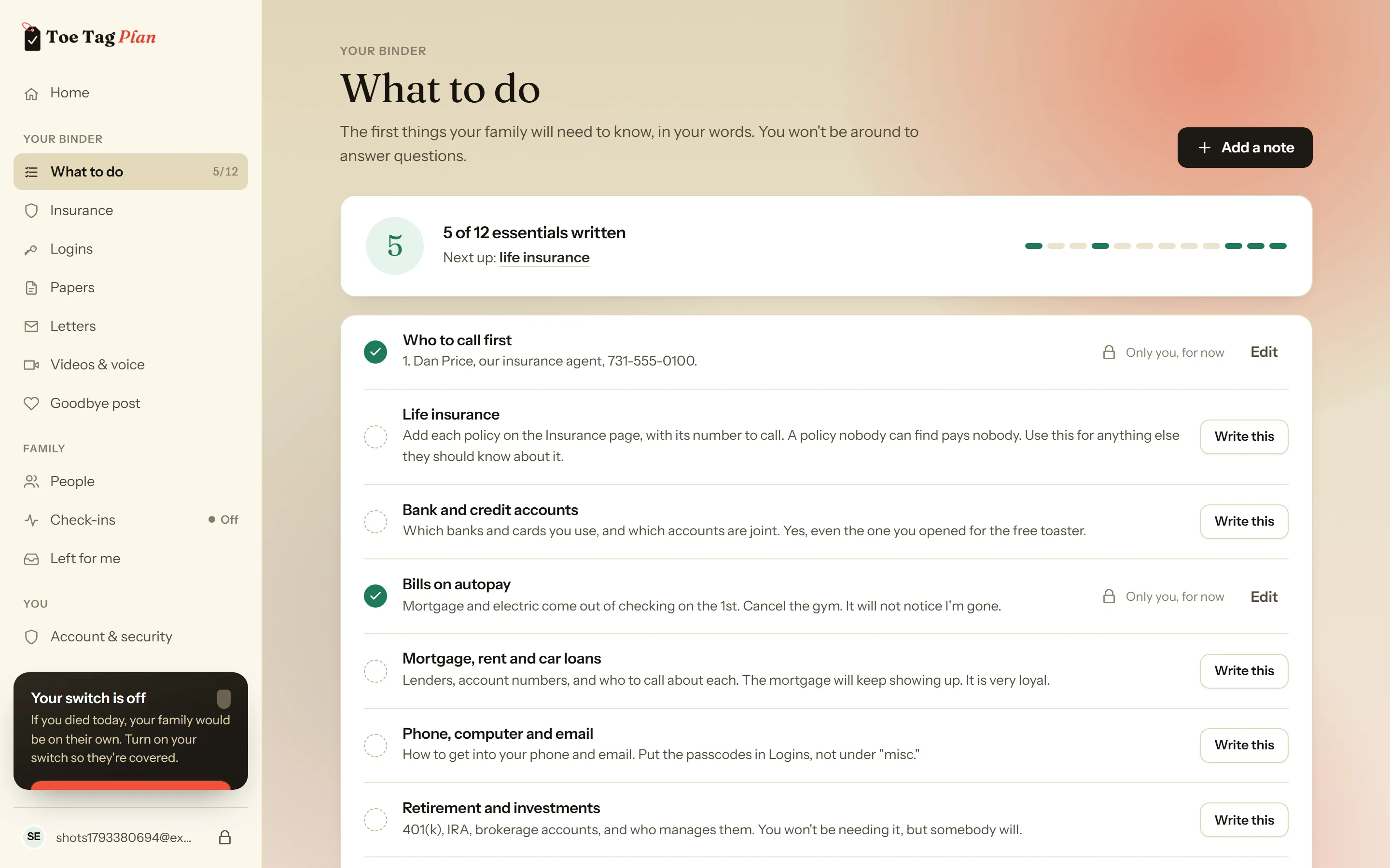 The What to do checklist, with some of its twelve prompts answered.